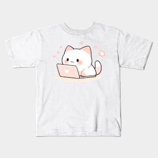 Kawaii anime cat using laptop Kids T-Shirt